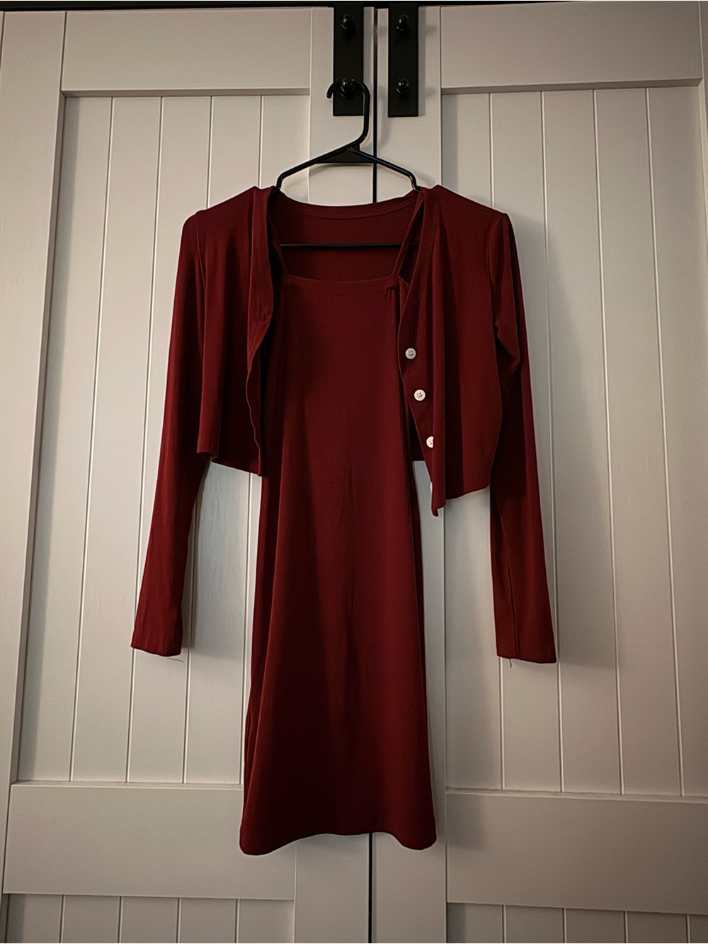 Women's Burgundy Long-Sleeve Dress with Matching Cropped Cardigan